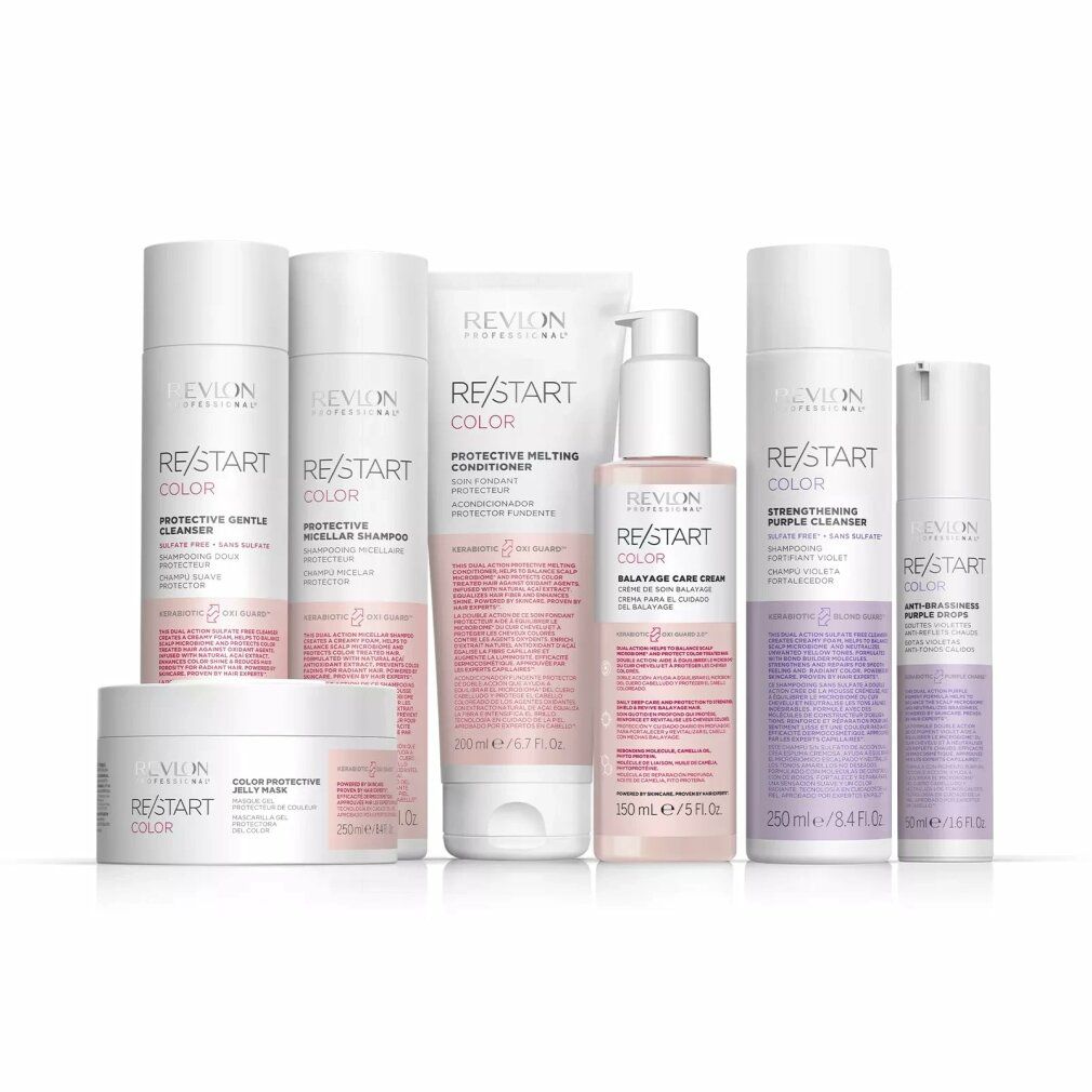 Diversi prodotti Revlon Re-Start Color, tra cui shampoo, balsami e creme. Tutti in confezioni bianco-rosa.