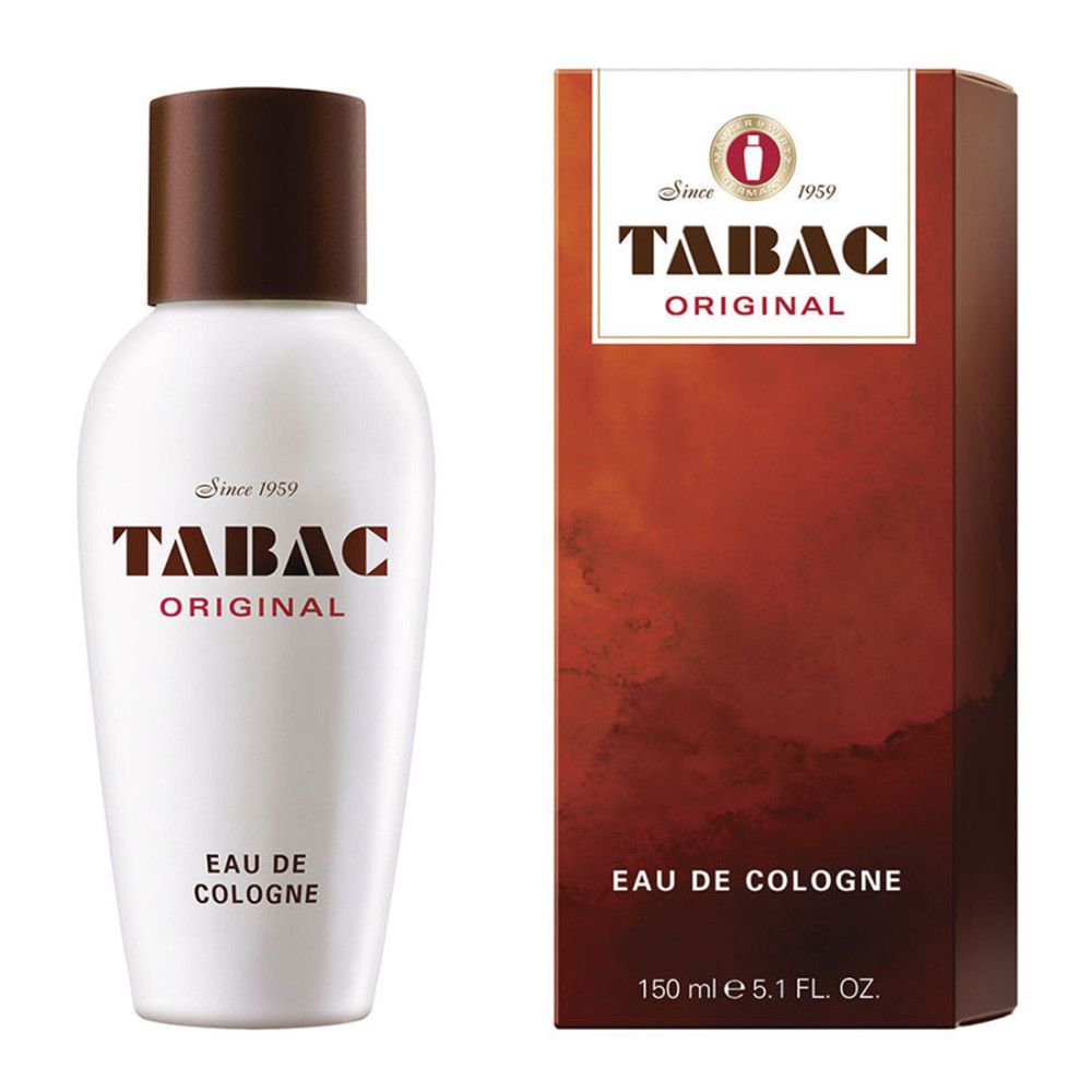 Flacone bianco e tappo marrone. Tabac Original Eau de Cologne e confezione. Confezione rossa e marrone con logo.