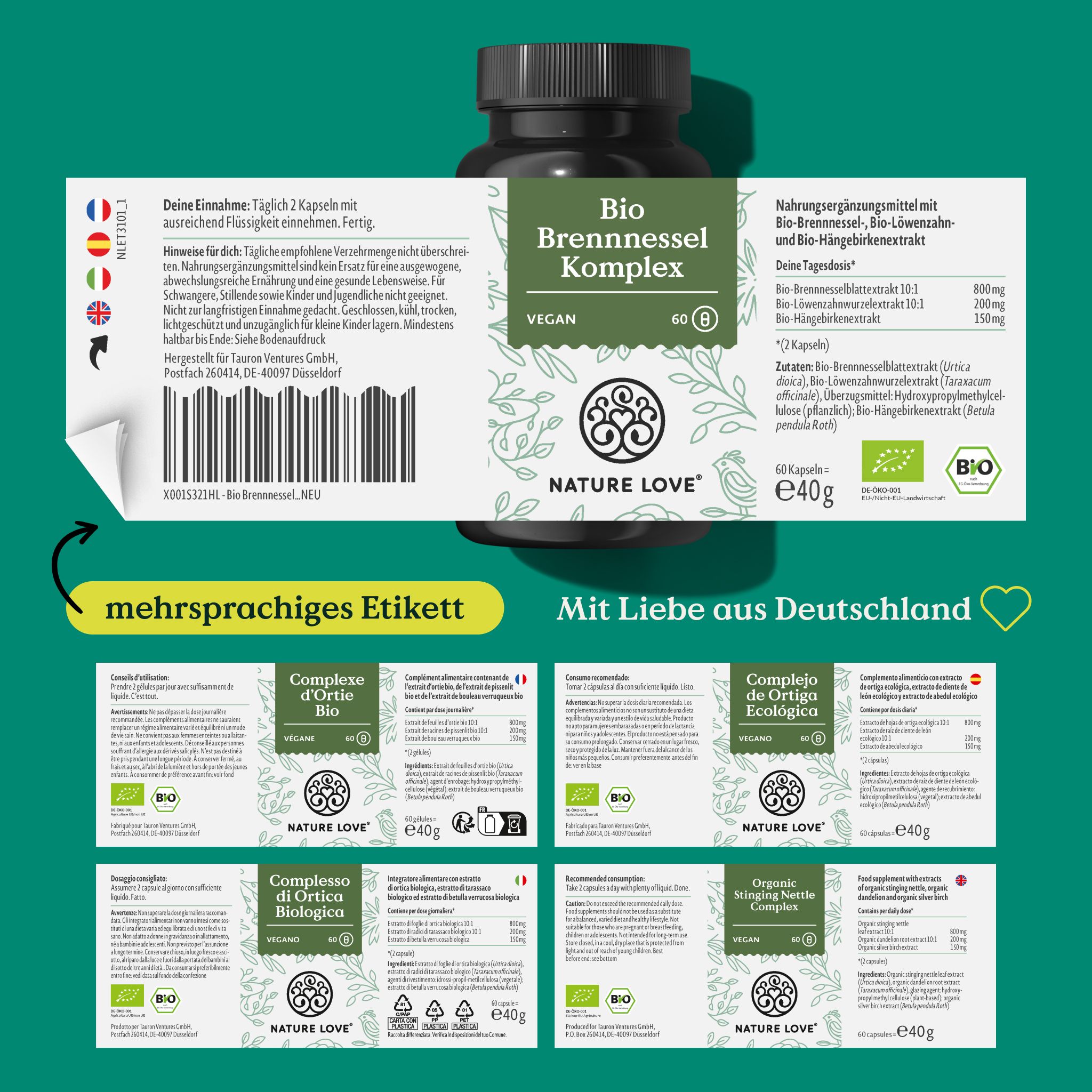 Etichetta del prodotto con informazioni multilingue. Contiene informazioni sugli ingredienti e l'uso. Logo: NATURE LOVE®.