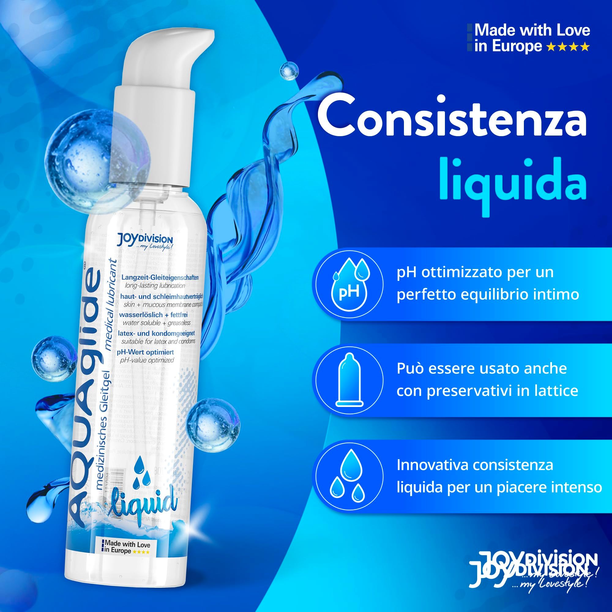 Lubrificante Joydivision AQUAglide Liquid, flacone da 250ml con dispenser a pompa, con icone per pH e compatibilità preservativi.