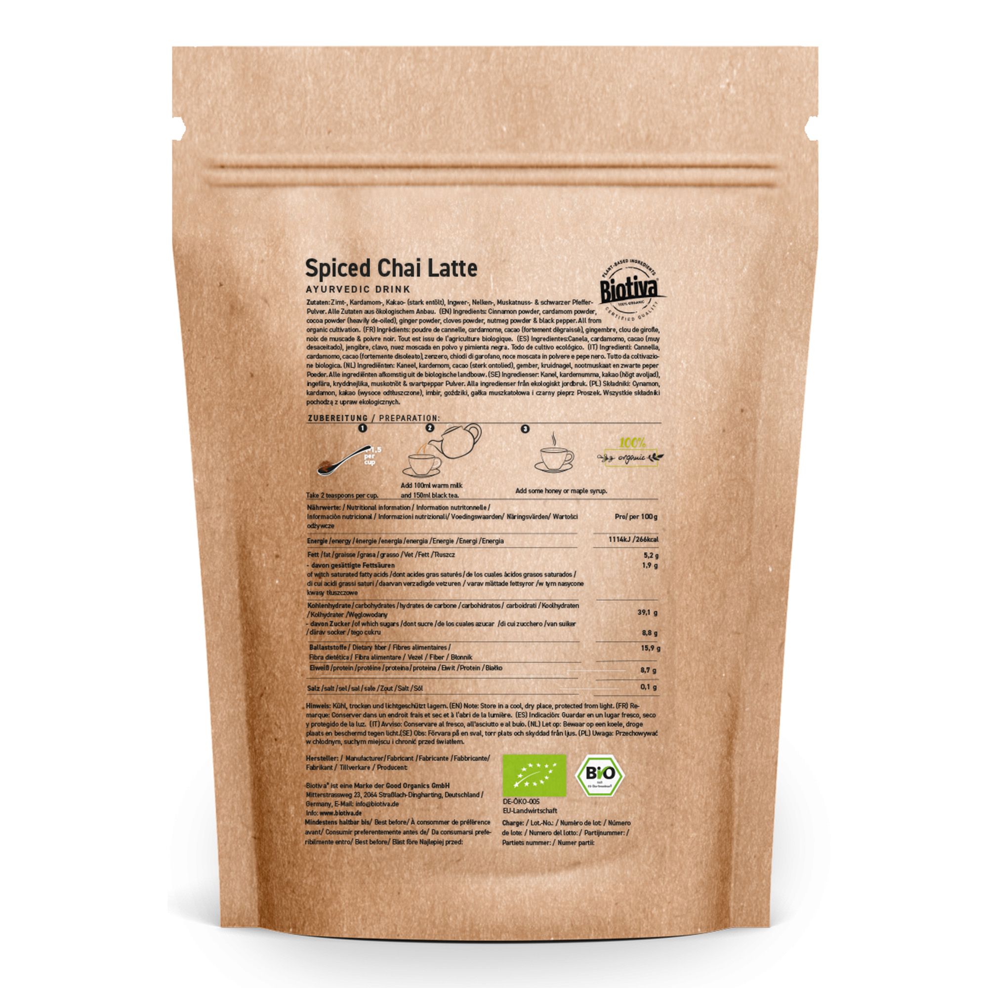 Retro della confezione Biotiva Chai Latte Bio. Contiene informazioni su ingredienti, valori nutrizionali e preparazione. Sigillo bio.