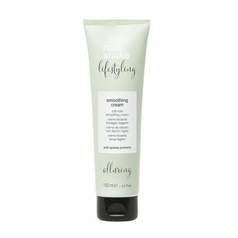 Tubo Milk Shake Lifestyling Smoothing Cream. Verde chiaro, tappo nero. Testo: Smoothing Cream, alluring, 150 ml.
