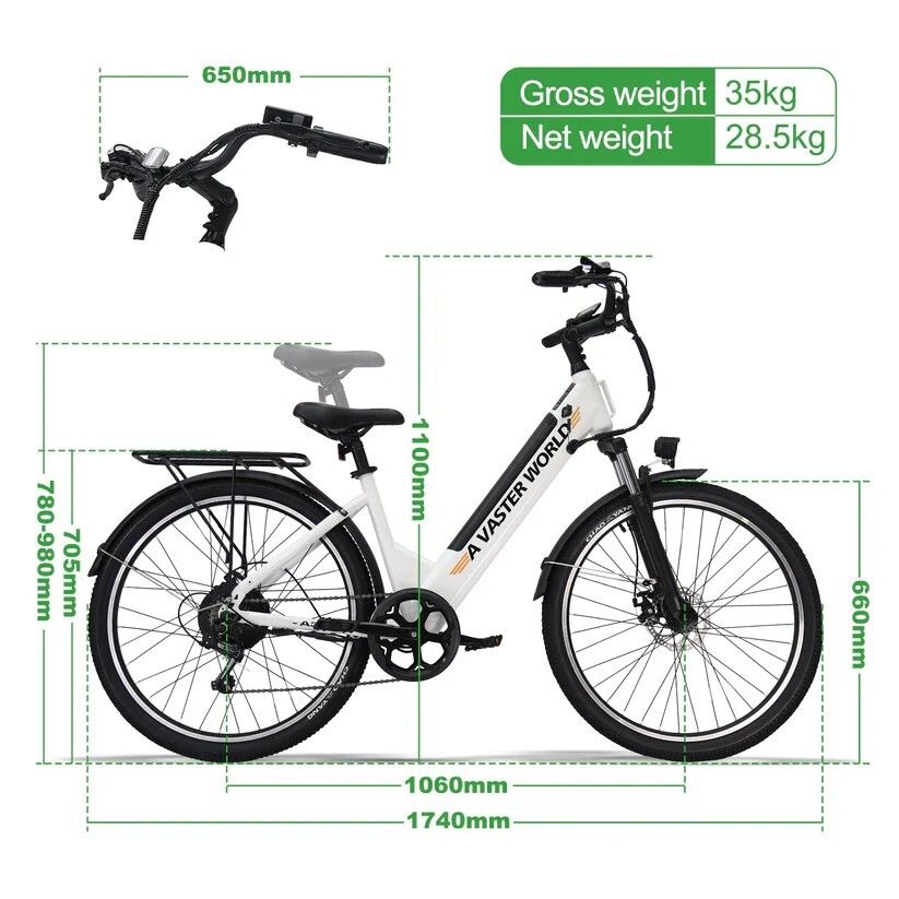 Bicicletta elettrica bianca con misure. Peso lordo 35 kg, peso netto 28,5 kg. Dimensioni in mm.