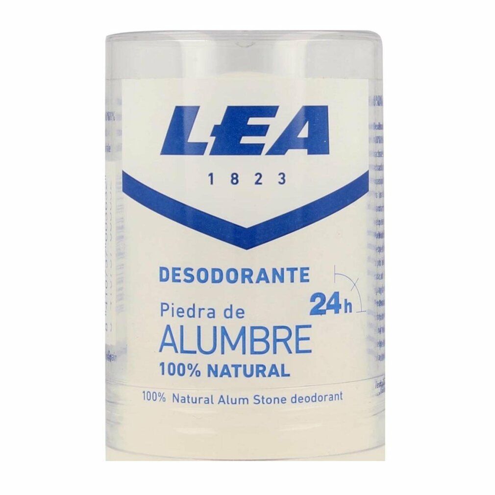 Stick deodorante Lea Alum Stone. Stick bianco in custodia trasparente. Scritta: DESODORANTE PIEDRA DE ALUMBRE 100% NATURAL.