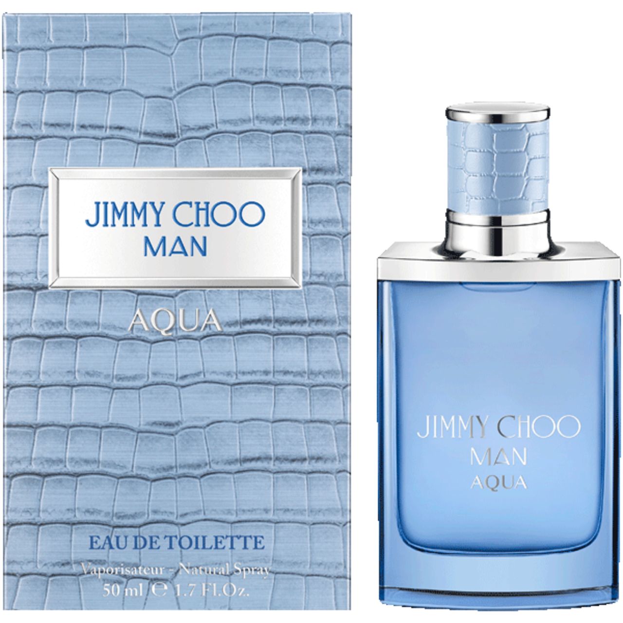 Flacone di profumo e confezione affiancati. Flacone: azzurro chiaro, quadrato. Confezione: azzurra chiara, goffrata. Scritta: JIMMY CHOO MAN AQUA.