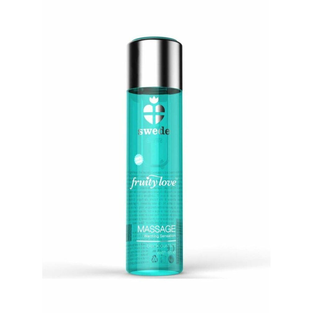Flacone cilindrico con tappo argentato. Scritte: swede, fruitylove, massage. Liquido turchese visibile.
