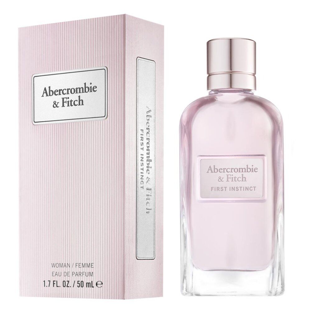Confezione e flacone rosa. Scritta: Abercrombie & Fitch, First Instinct, Woman/Femme, Eau de Parfum.