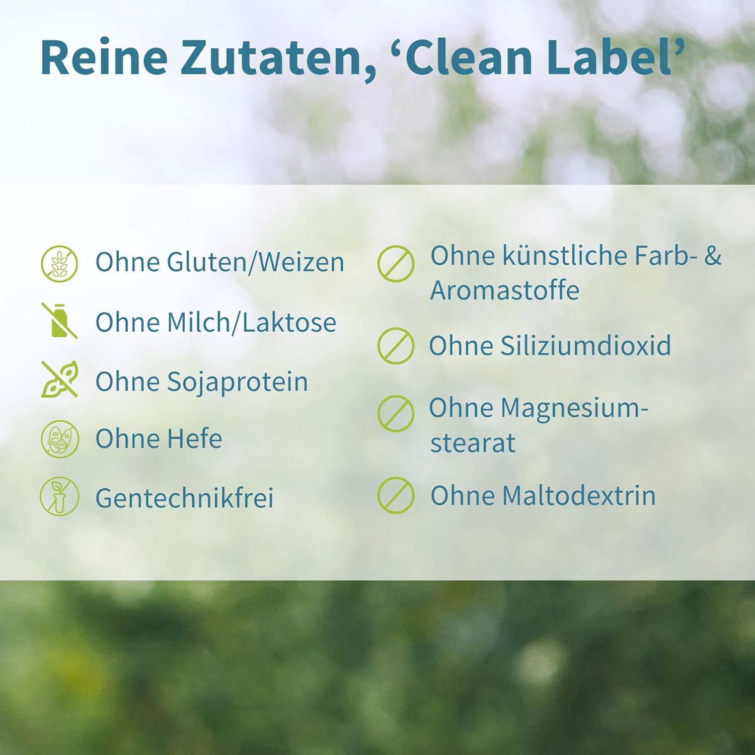 Elenco degli ingredienti. Senza glutine/grano, latte/lattosio, proteine della soia, lievito, OGM.