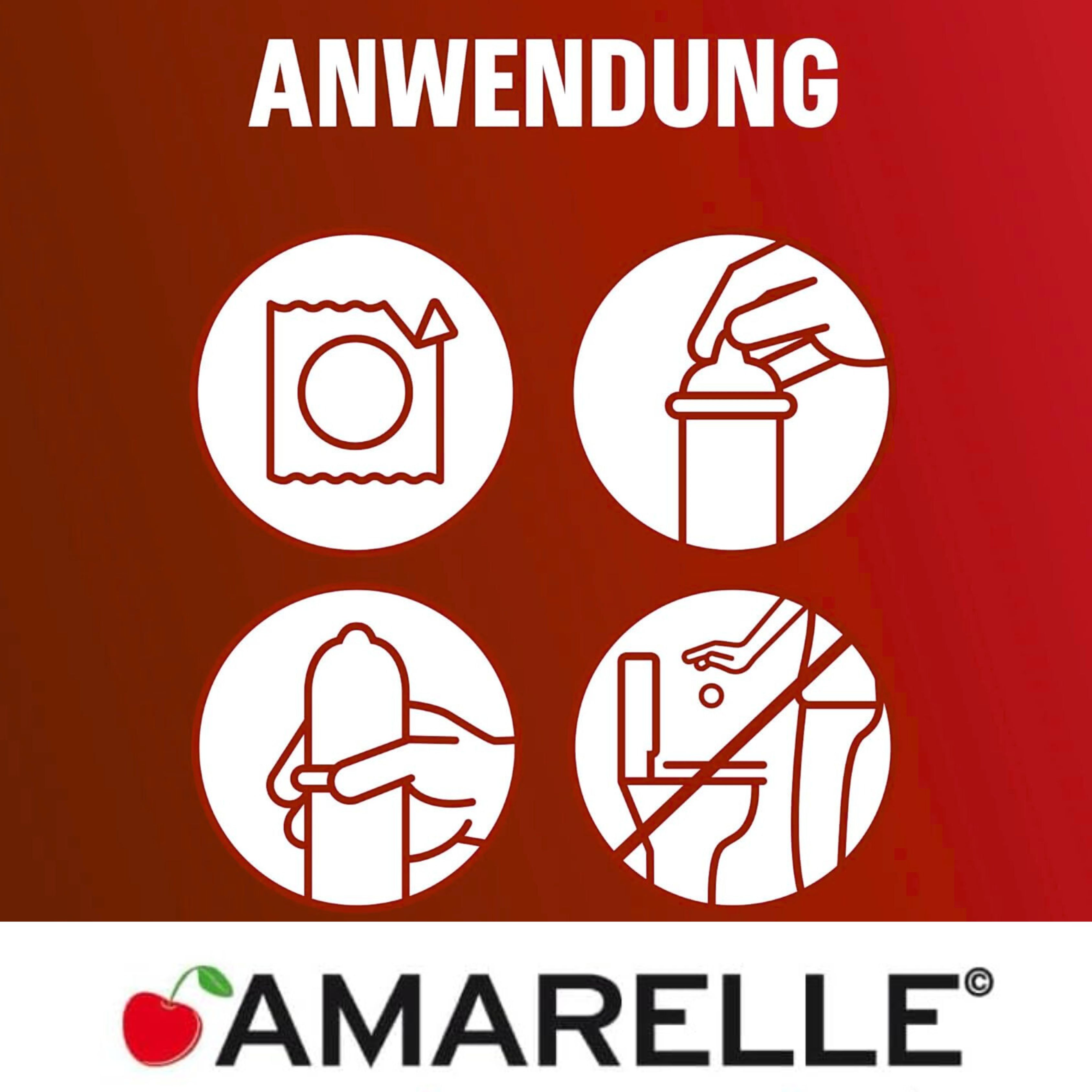 Istruzioni per l'uso in cerchi. Simboli: Aprire, applicare, srotolare, smaltire. Logo AMARALLE con ciliegia.