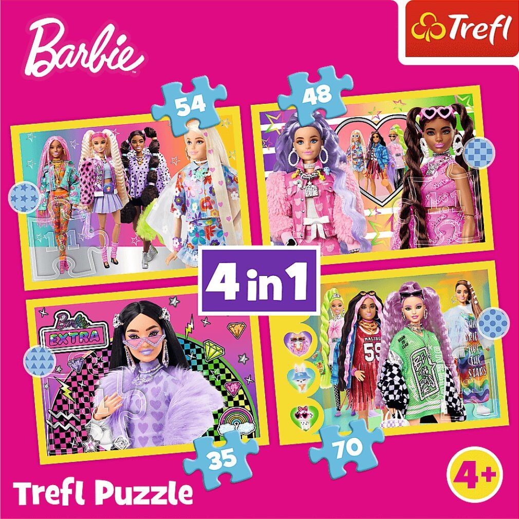 Puzzle Barbie 4 in 1. Confezione rosa con motivi Barbie e pezzi del puzzle. Contiene puzzle da 35, 48, 54 e 70 pezzi.