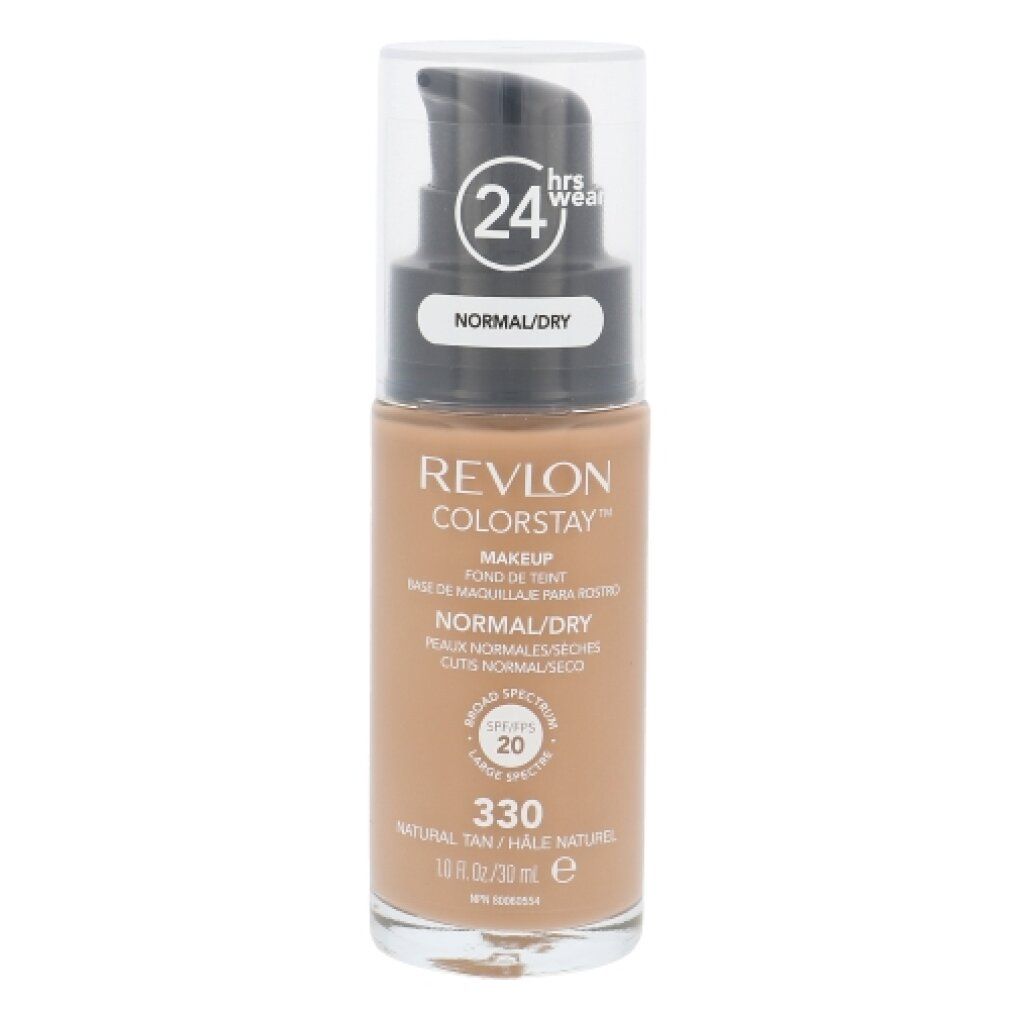Flacone di trucco Revlon Colorstay. Con pompa, 330 Natural Tan. Per pelli normali/secche. SPF 20. Testina nera, tappo trasparente.