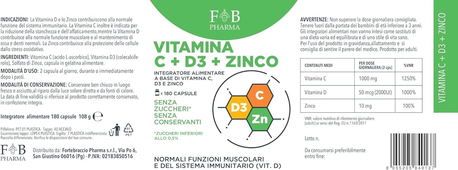 Etichetta integratore alimentare Vitamina C, D3, Zinco. Contiene 180 capsule.