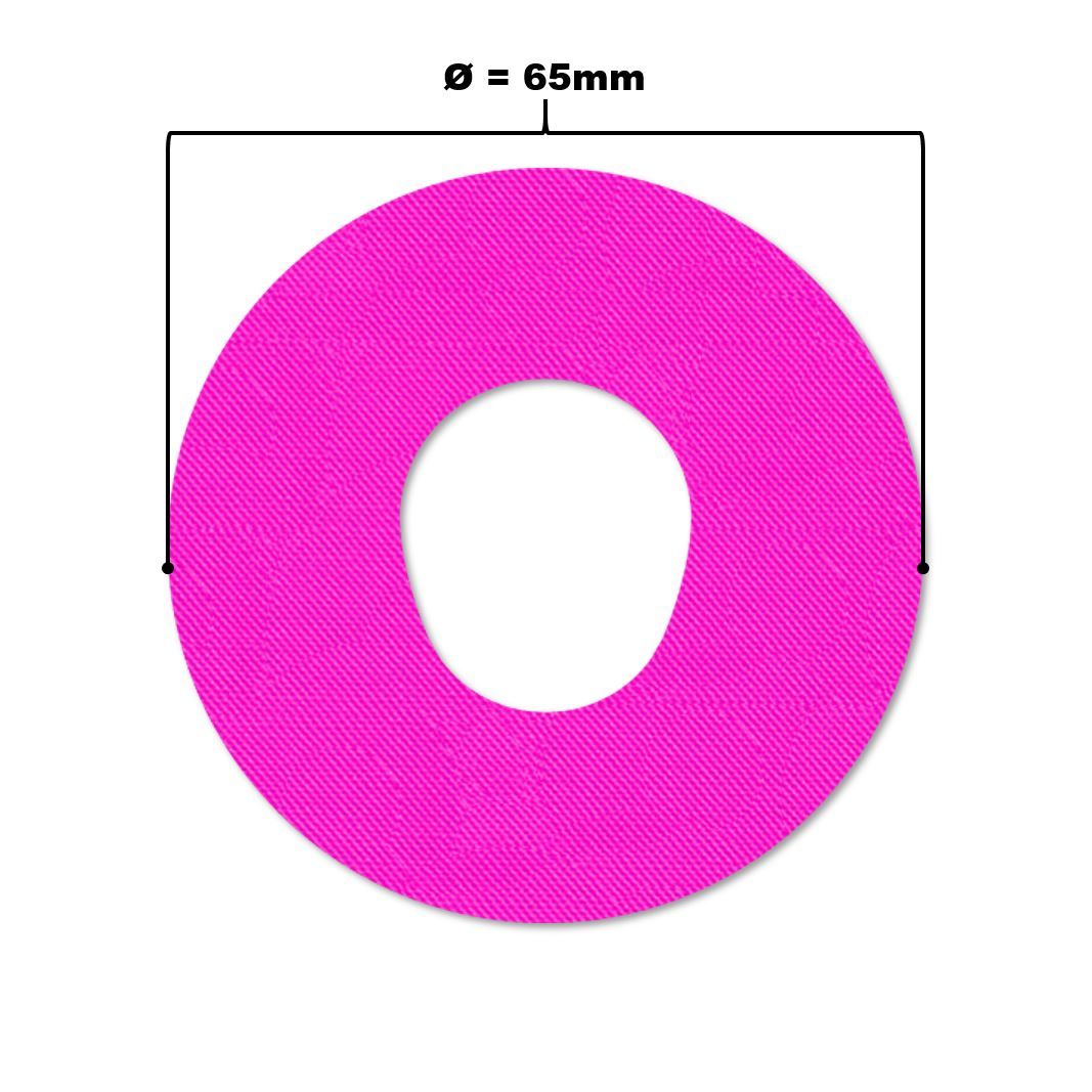 Cerotto rotondo rosa con foro, diametro 65mm. Linea di misura nera.