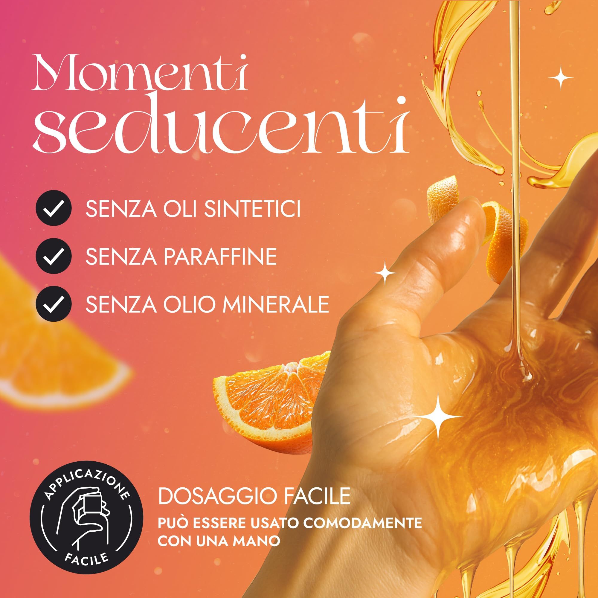 Una mano versa olio dorato da una bottiglia, scorza d'arancia sullo sfondo.
