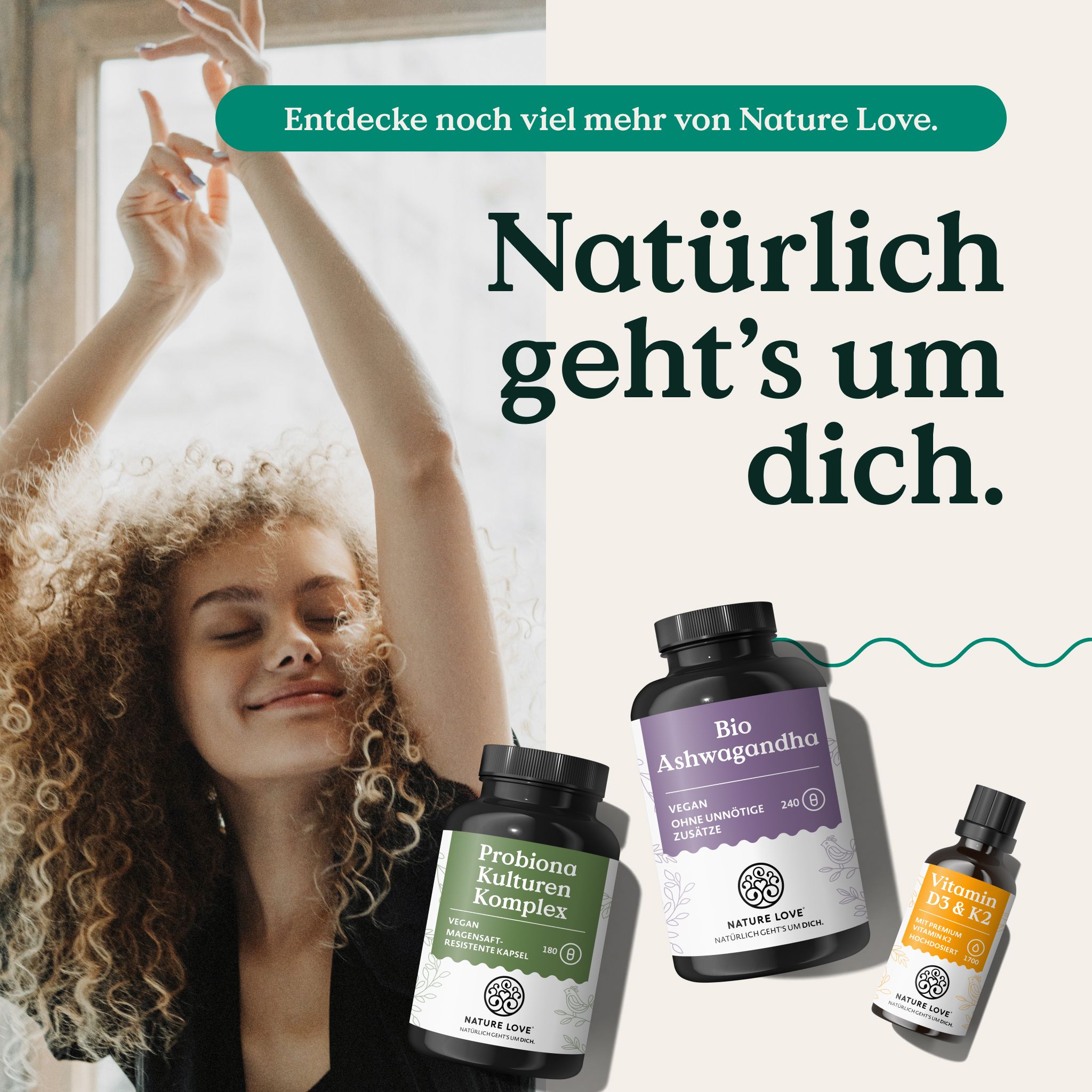 Flaconi di integratori alimentari: Probiotici, Ashwagandha, Vitamina D3+K2.