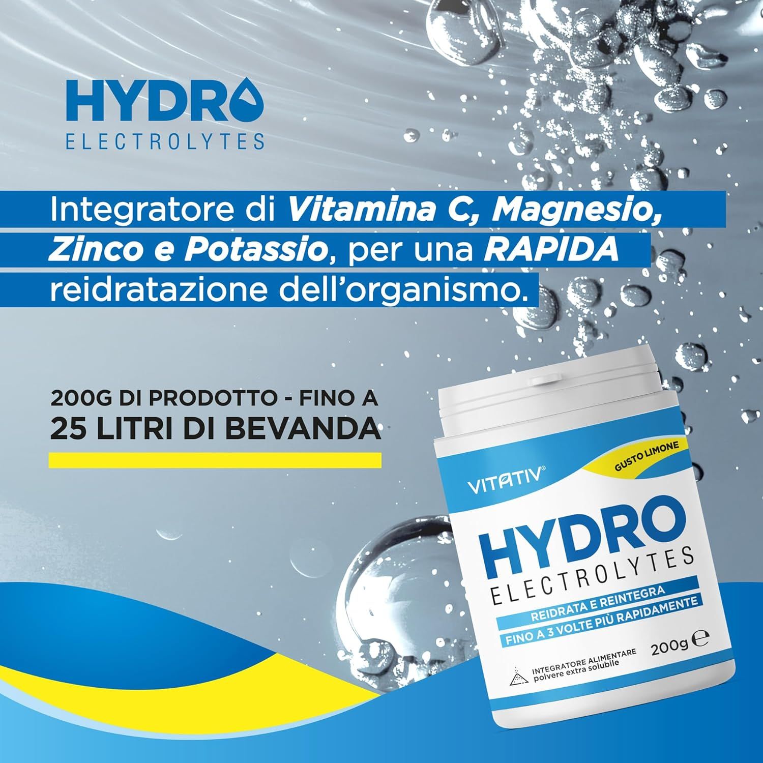 Barattolo bianco con etichetta blu. Testo: HYDRO Electrolytes, 200g, Gusto Limone. Contiene Vitamina C, magnesio, zinco e potassio.