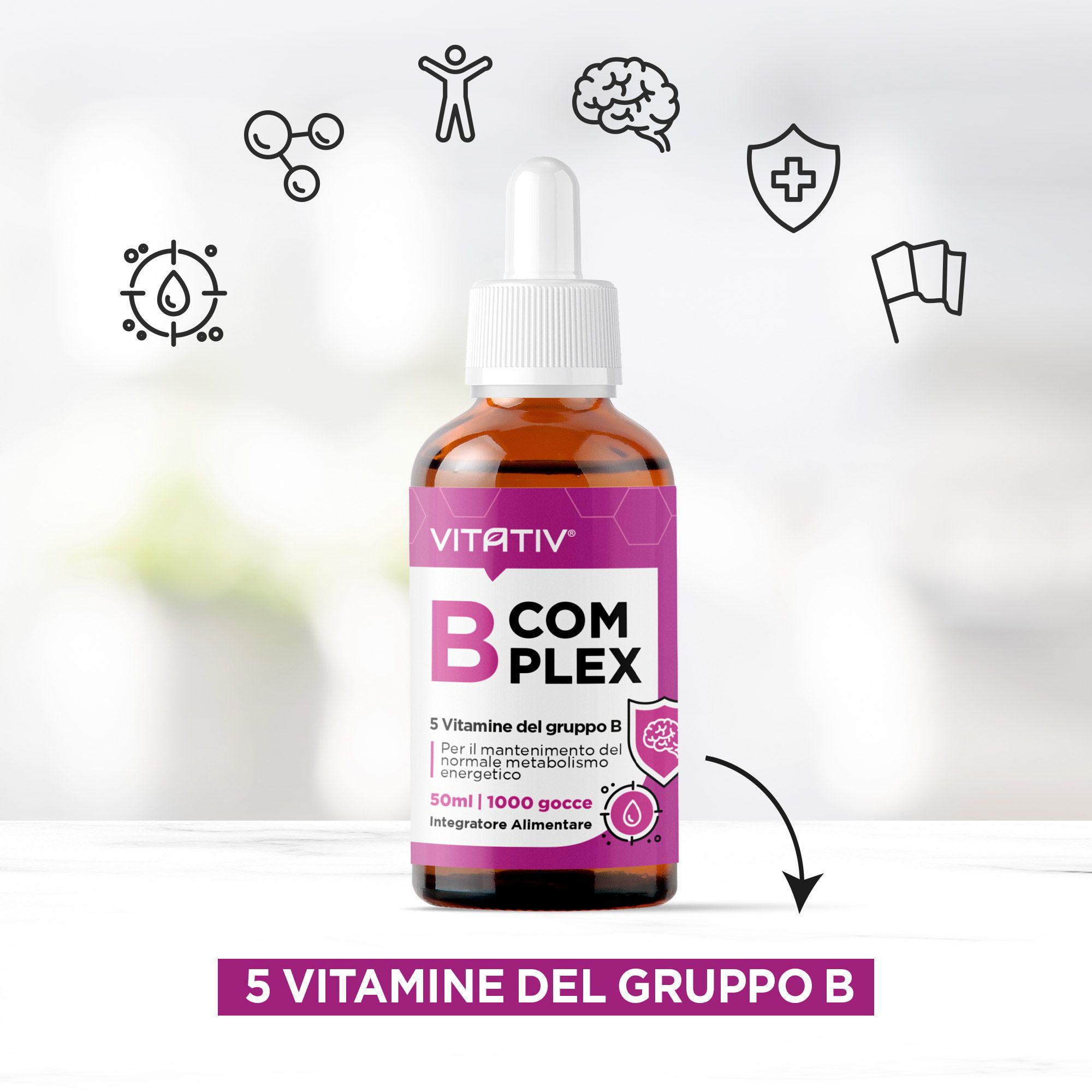 VITATIV® B Complex Vitamine Gruppo B - Integratore in Gocce con Vitamina B1, B3, B5, B6 e B12