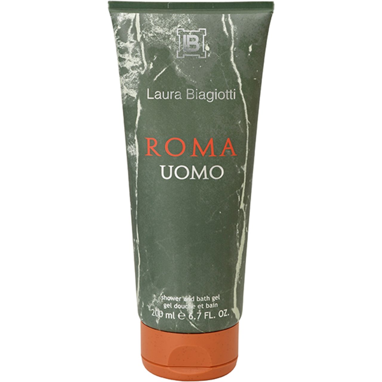 Tubo di gel doccia verde con tappo arancione. Scritta: Laura Biagiotti Roma Uomo. Testo: shower and bath gel.