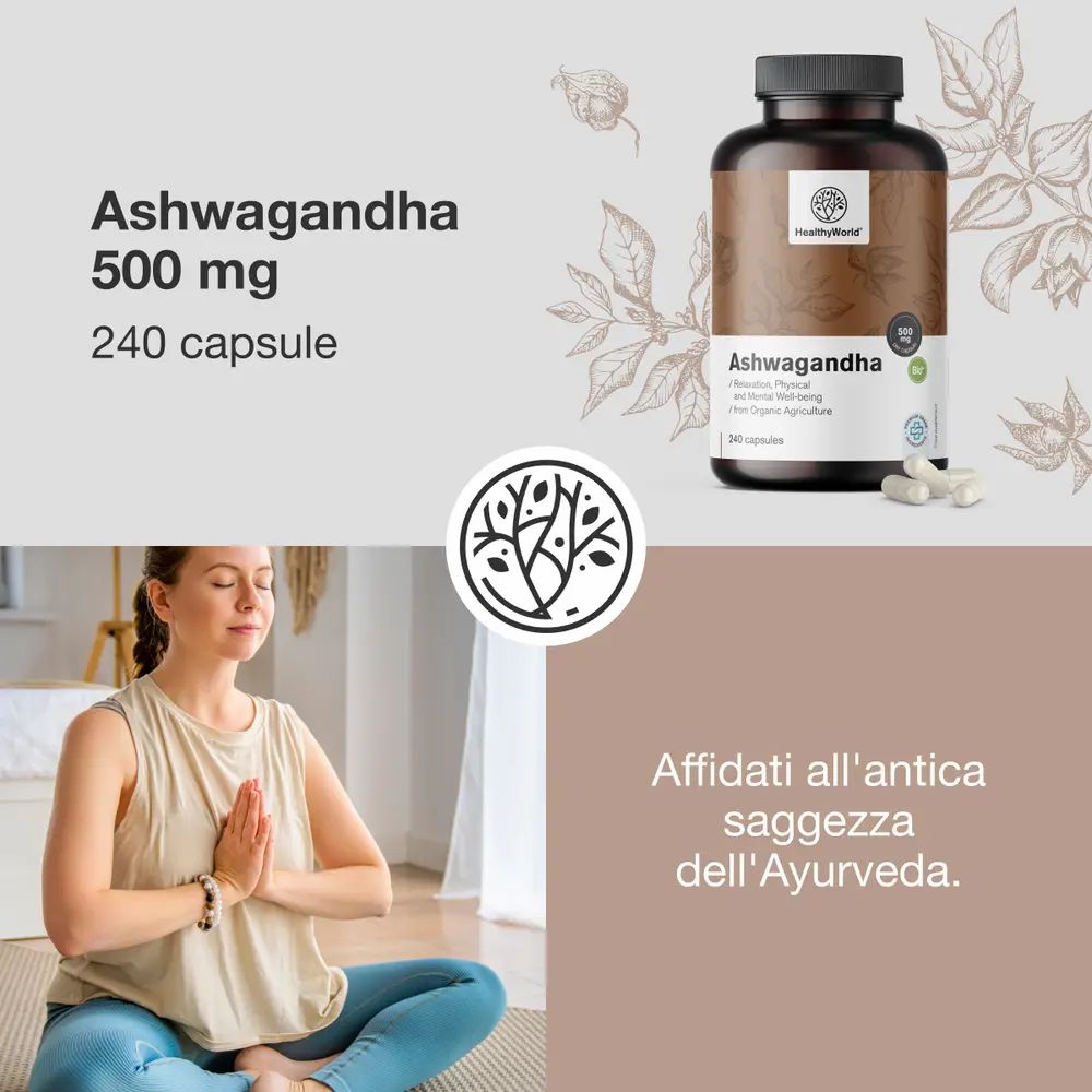 Pubblicità per Ashwagandha 500 mg, 240 capsule. Donna che medita. Testo: Affidati all'antica saggezza dell'Ayurveda.