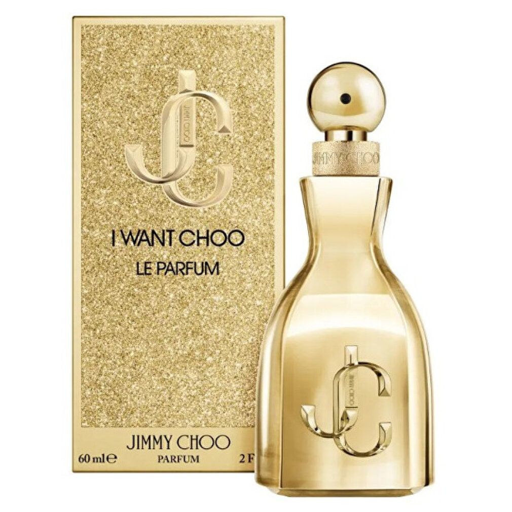Scatola rettangolare dorata e flacone di profumo. Flacone con tappo dorato e logo. Sulla scatola, "I WANT CHOO LE PARFUM".