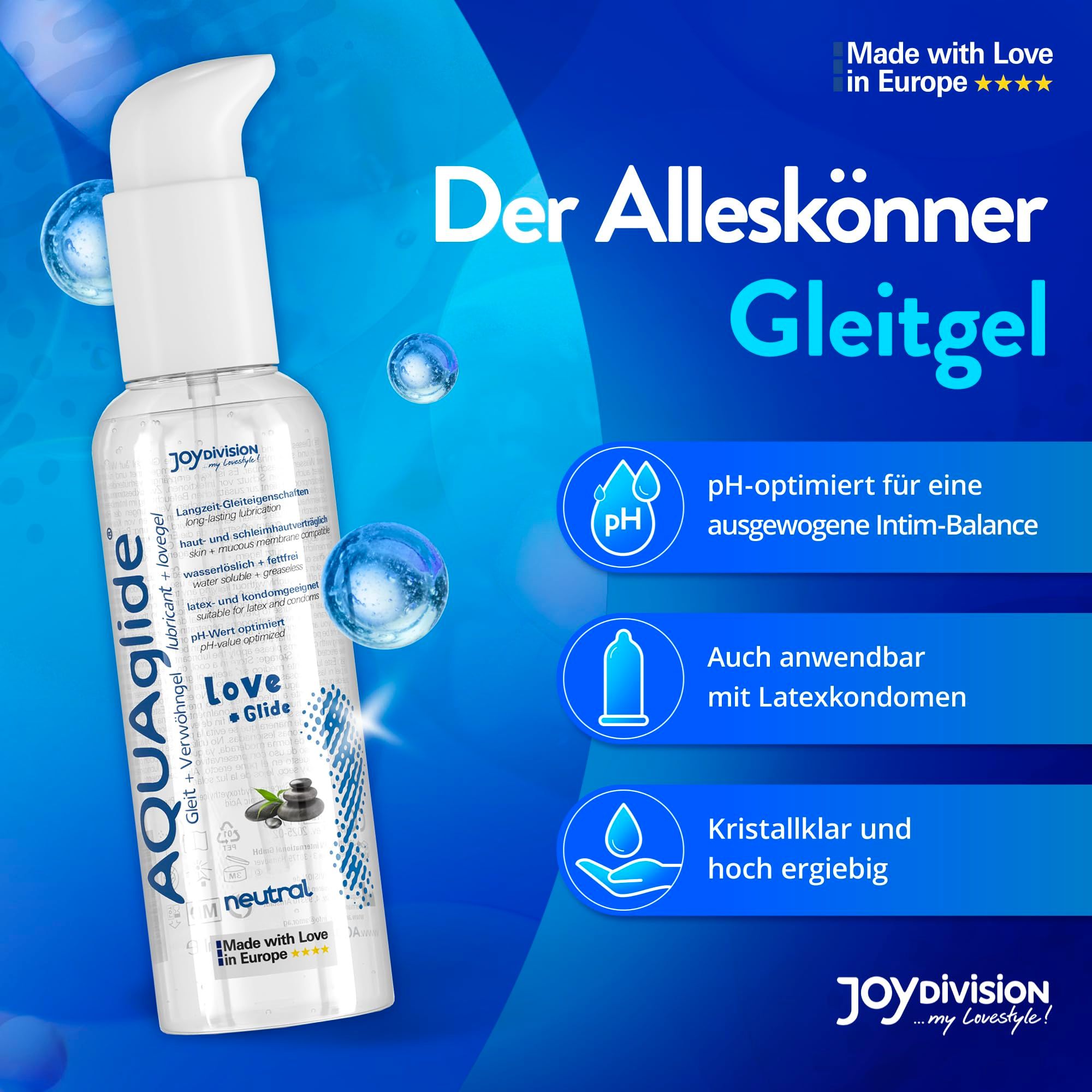 Gel lubrificante AquaGlige Neutro. pH ottimizzato, compatibile con preservativi in lattice. Chiaro e concentrato.