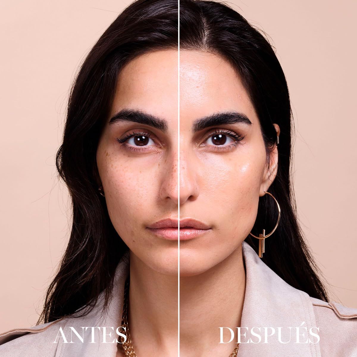 Viso diviso. Sinistra: pelle senza fondotinta. Destra: pelle con fondotinta. Prima/Dopo.