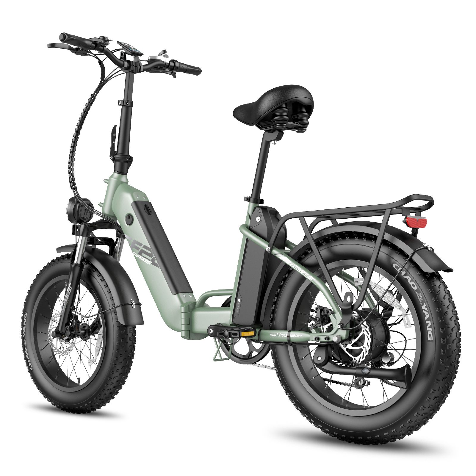 E-bike pieghevole verde chiaro. Pneumatici, sella e portapacchi neri. Fanale posteriore e batteria.