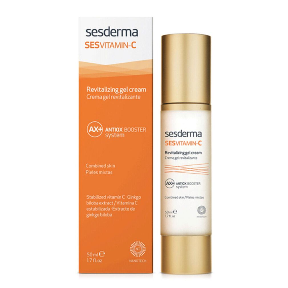Sesderma SESVITAMIN-C Crema gel rivitalizzante. Flacone e confezione. Confezione arancione con informazioni sul prodotto. 50 ml.