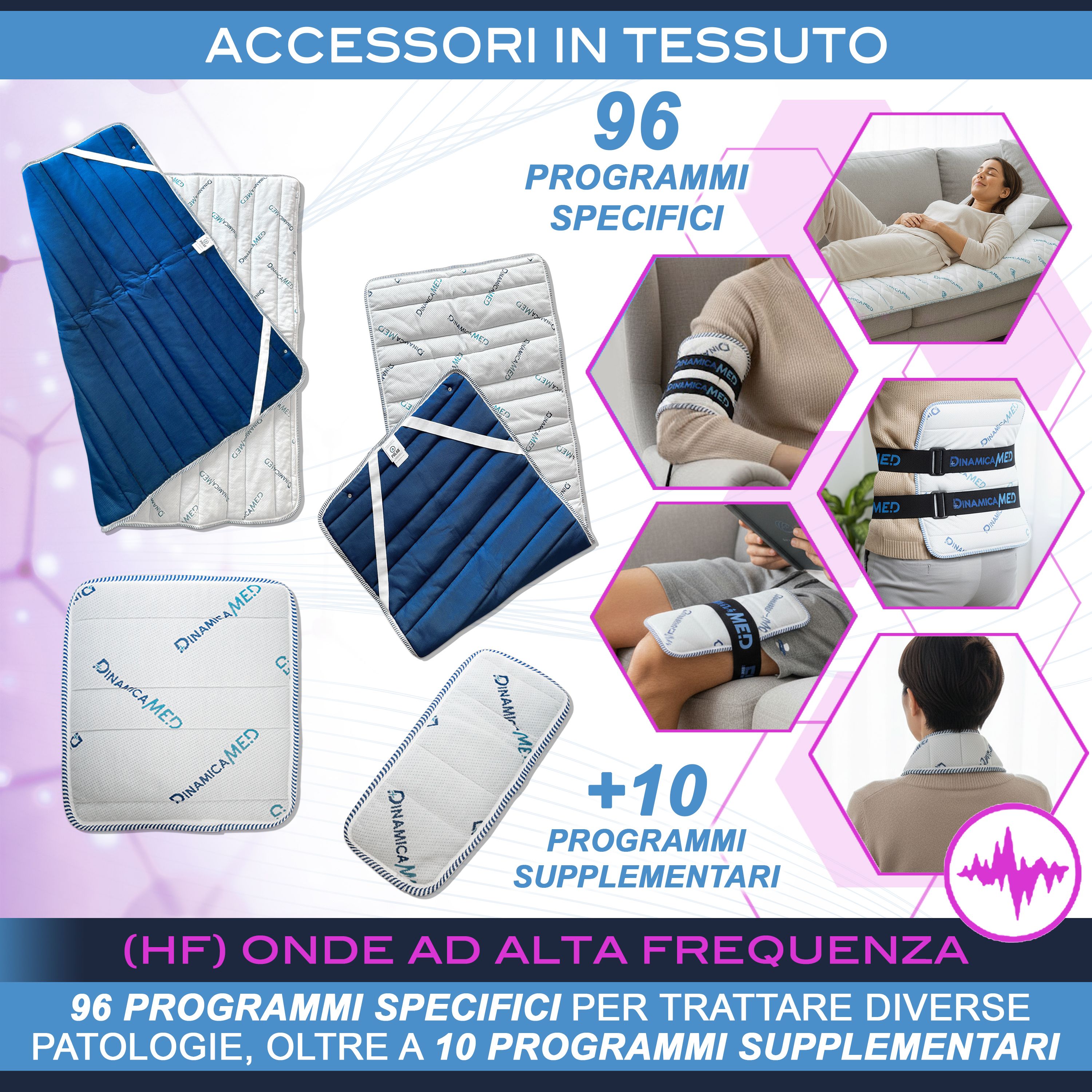 Diffusori magnetoterapia ed esempi applicazione: braccio, vita, collo.