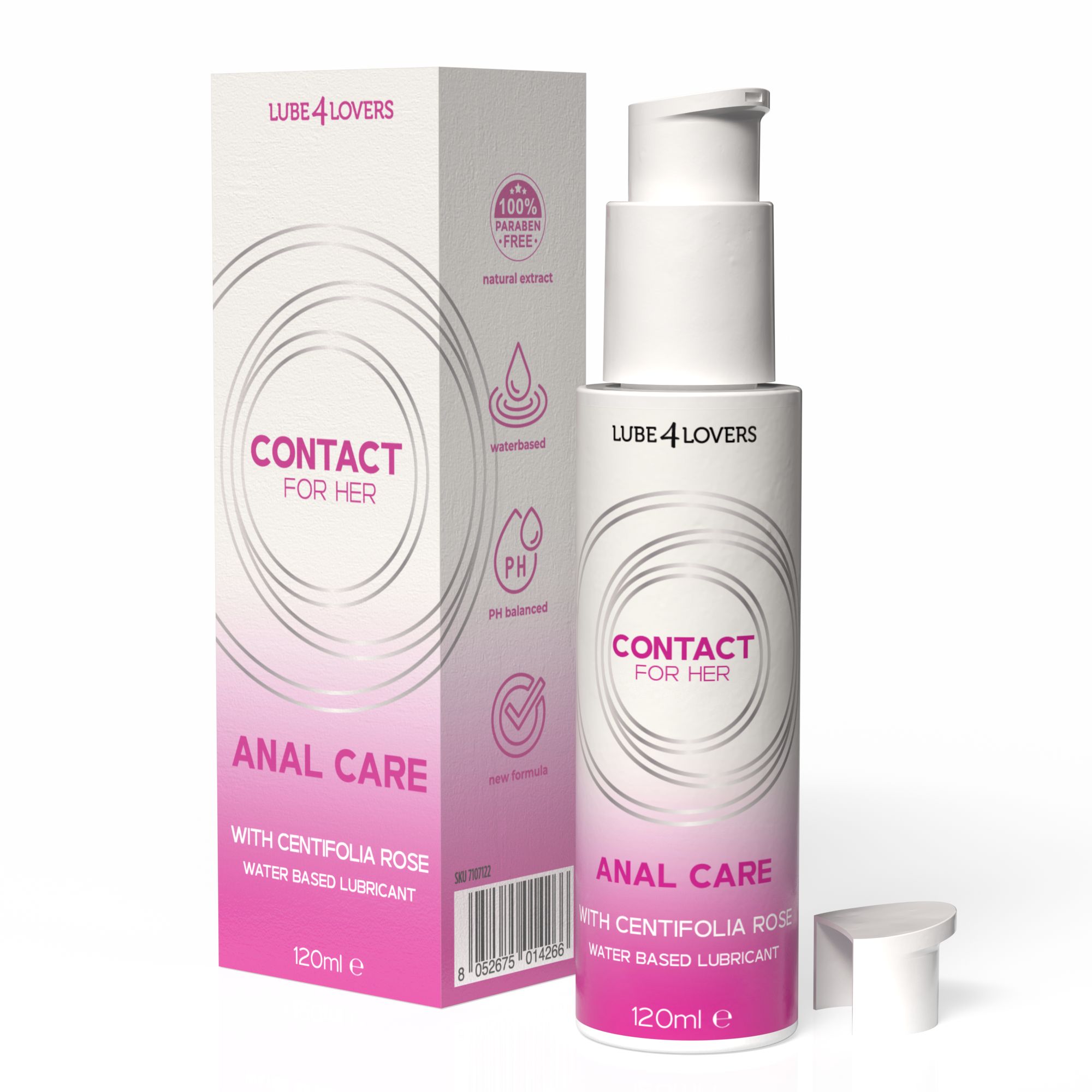 Flacone e confezione bianchi. Scritta: CONTACT FOR HER, ANAL CARE, con rosa centifolia, lubrificante a base d'acqua. 120ml. Simboli aggiuntivi.