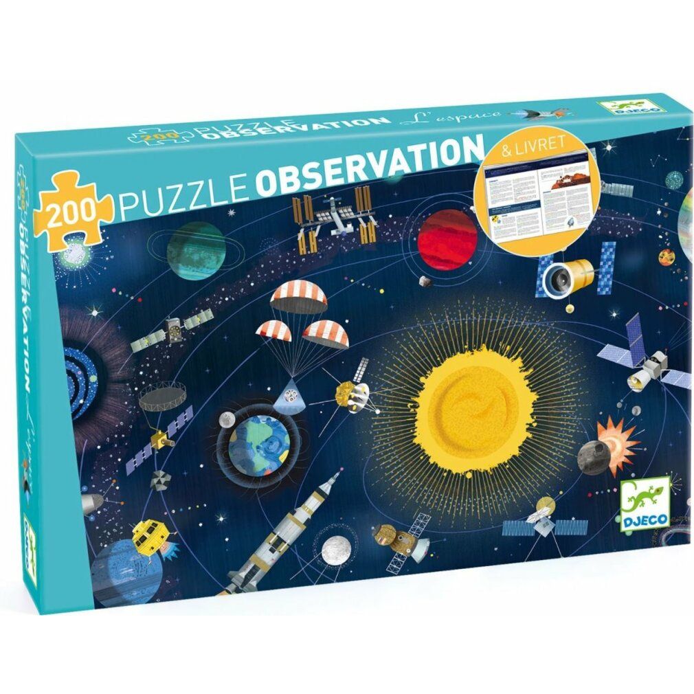 Scatola di puzzle con motivo dell'universo. Scritta "200 PUZZLE OBSERVATION". Contiene un libretto. Rappresentazione di pianeti e astronavi.
