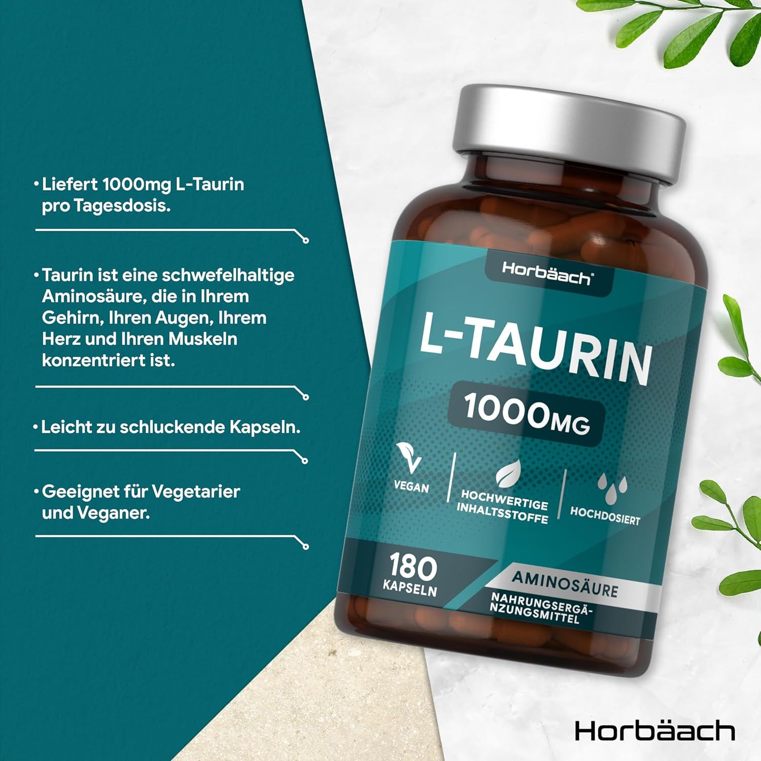 Flacone marrone con capsule. Scritta: L-TAURINA 1000mg. 180 capsule. Vegano, ingredienti di qualità, ad alta dose.