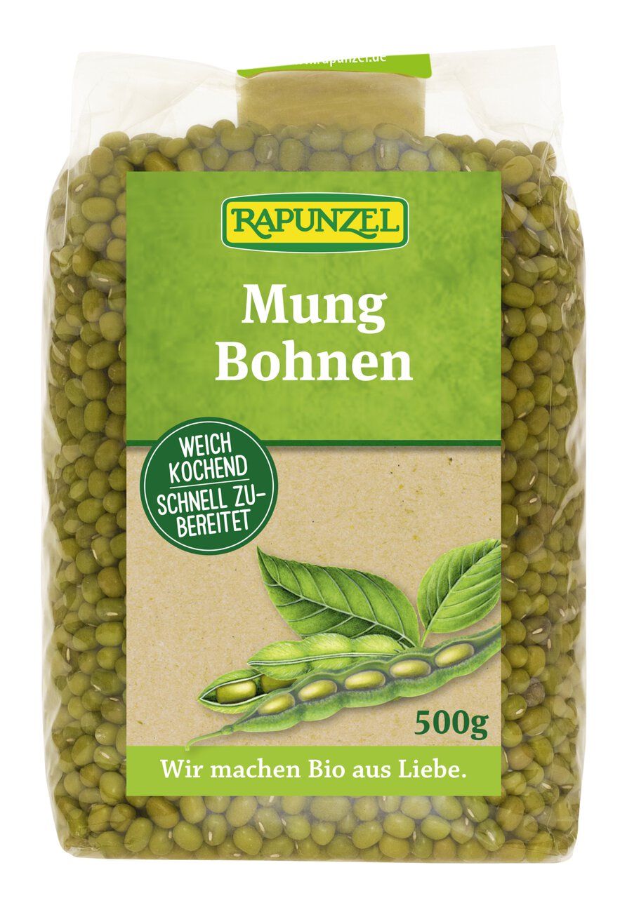 Confezione da 500g di fagioli mungo Rapunzel. Cottura tenera, preparazione rapida.