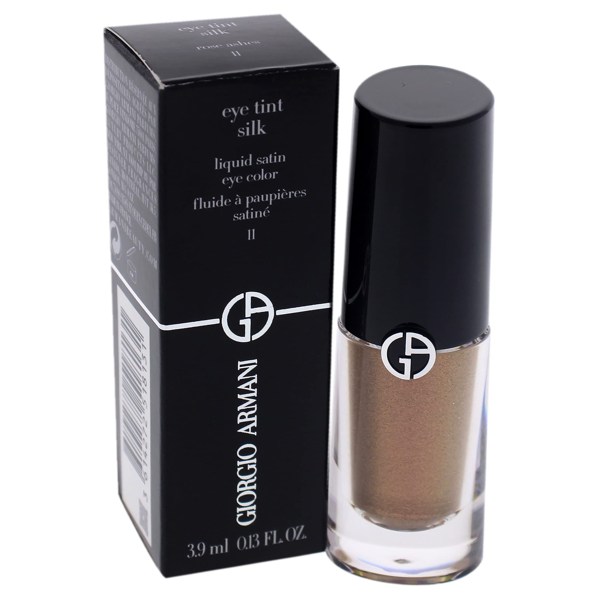 Giorgio Armani Eye Tint Ombretto e confezione. Scatola nera con informazioni sul prodotto. Logo e nome del prodotto visibili.