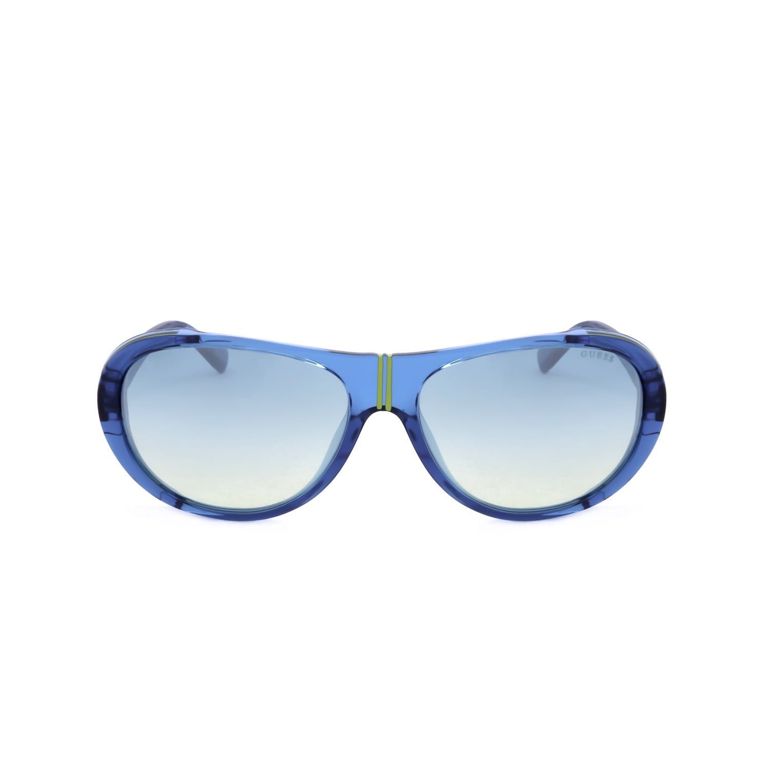 Occhiali da sole blu con montatura larga e lenti azzurre.