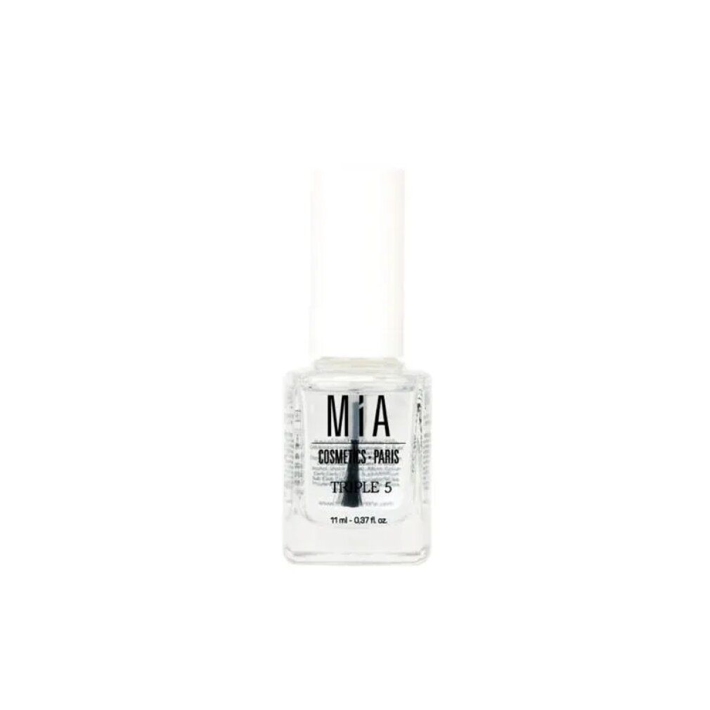 Flacone di smalto con pennello e tappo bianco. Scritta: MIA Cosmetics Paris, Triple 5. Volume: 11 ml.