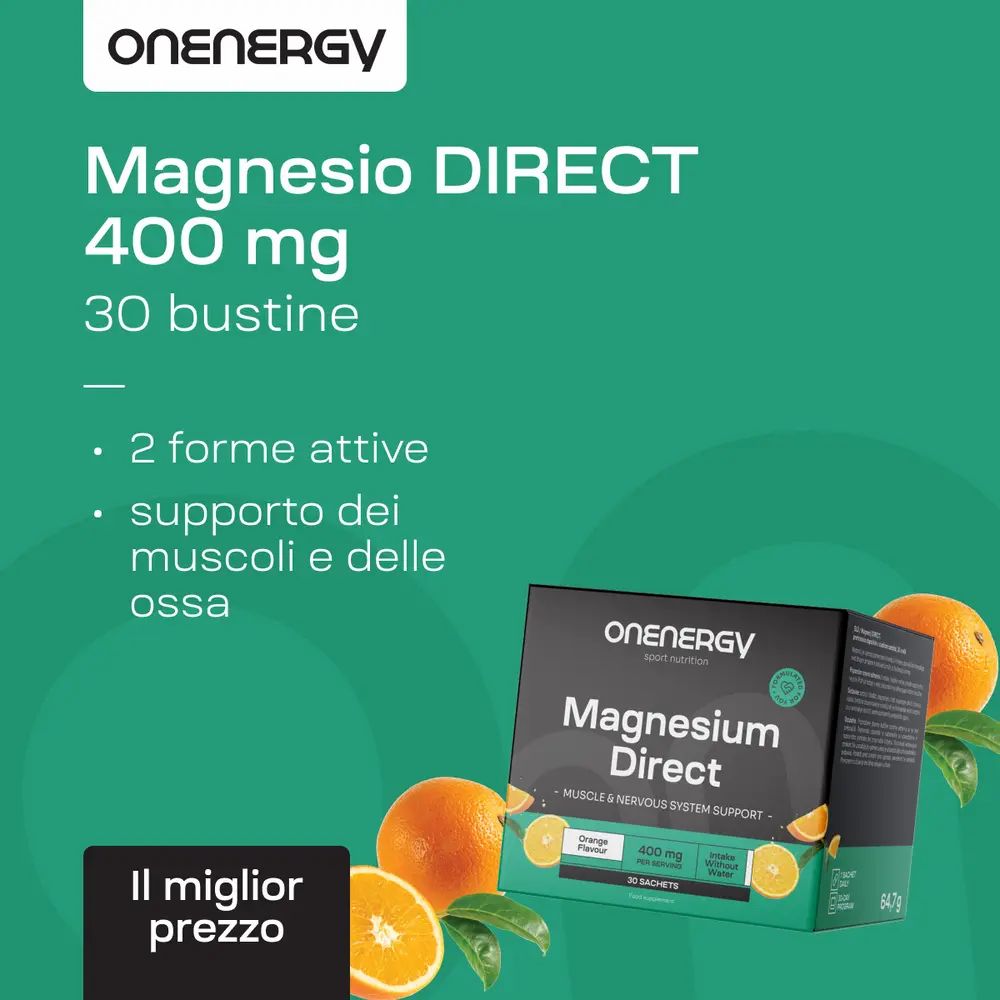 Magnesio DIRECT 400 mg, 30 bustine. 2 forme attive. Supporto dei muscoli e delle ossa.