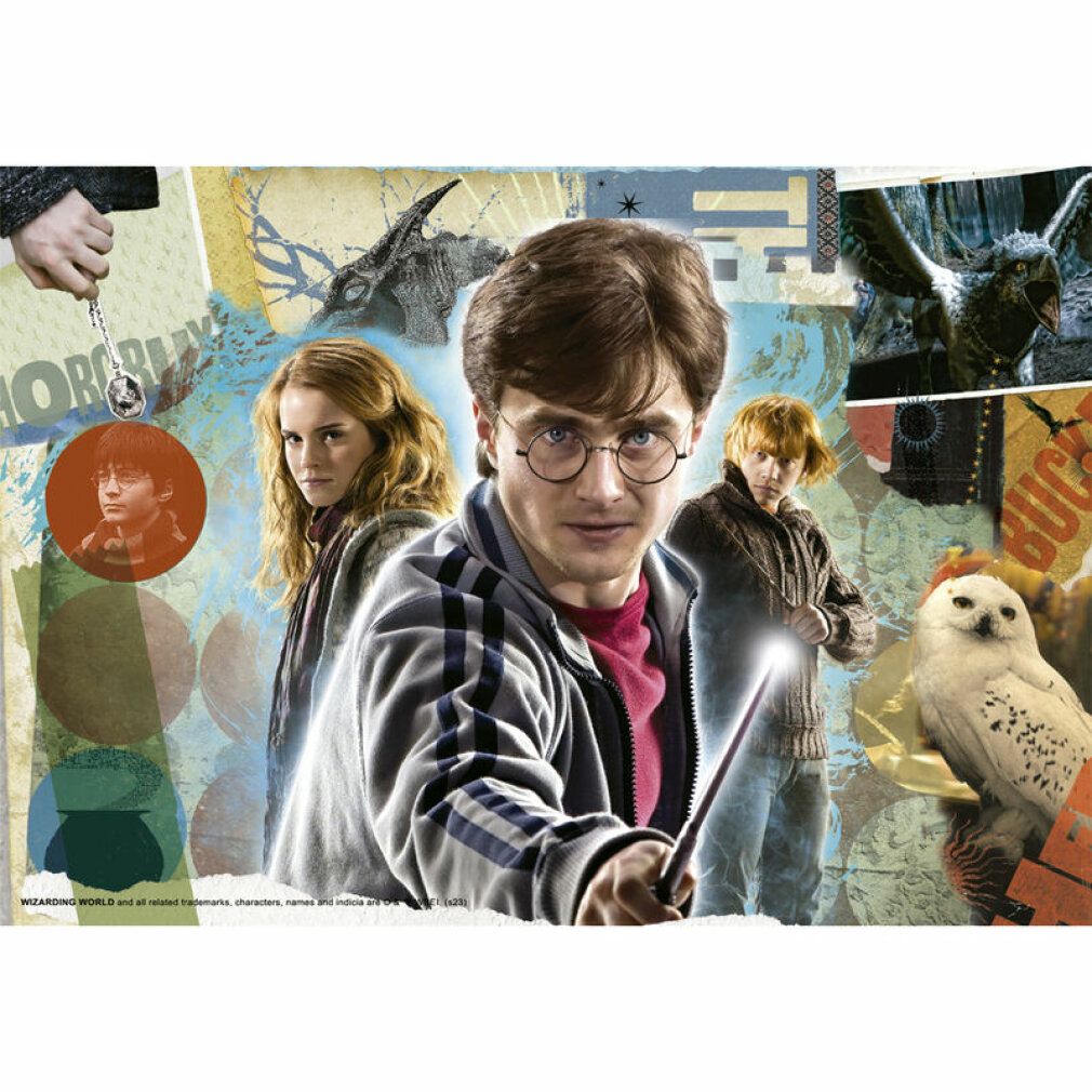 Puzzle di Harry Potter. Personaggi: Harry, Hermione, Ron, Edvige. Sfondo con elementi collage. Senza confezione.