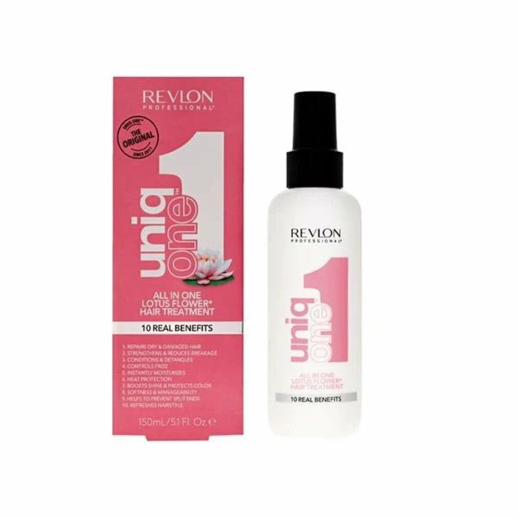 Prodotto con confezione. Flacone e scatola. Stampa rosa: Uniq One, Lotus Flower Hair Treatment. Marchio: Revlon.