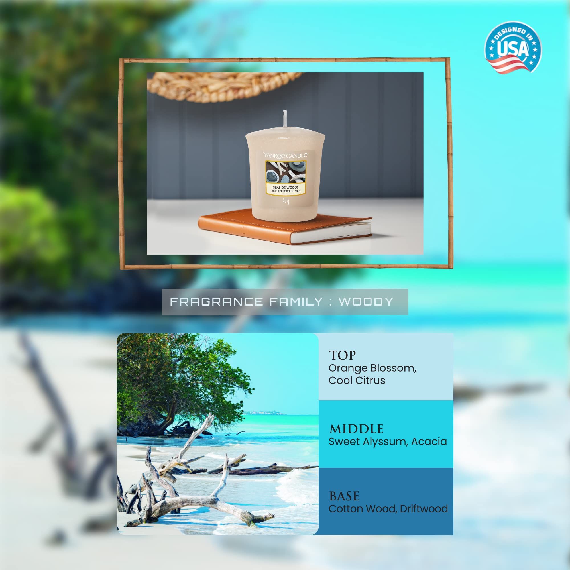 Candela su libro, incorniciata. Testo: Fragrance Family: Woody. Ingredienti: Orange Blossom, Cool Citrus, etc.