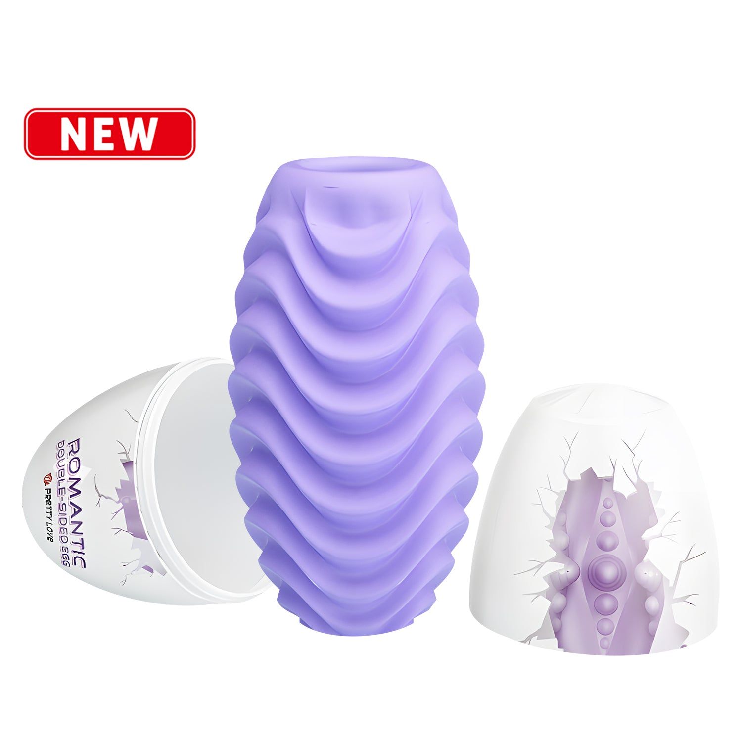 Prodotto viola a forma di uovo nella confezione. Confezione con crepe, prodotto con motivo a onde. Marchio: Pretty Love.