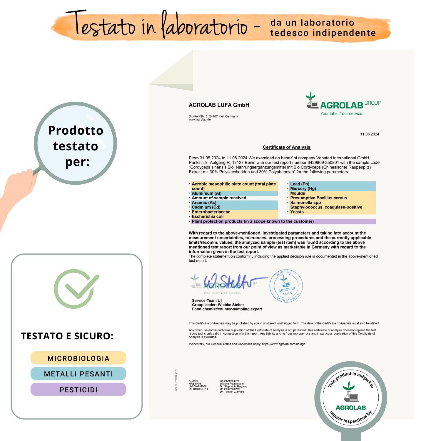 Certificato di Agrolab. Conferma il test di microbiologia, metalli pesanti e pesticidi. Prodotto: Cordyceps Sinensis Bio Extrakt.