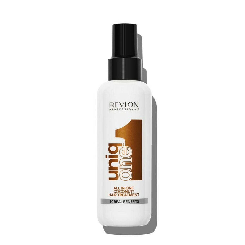 Spray bianco con erogatore nero. Scritta: Revlon Professional Uniq One All in One Coconut Hair Treatment.