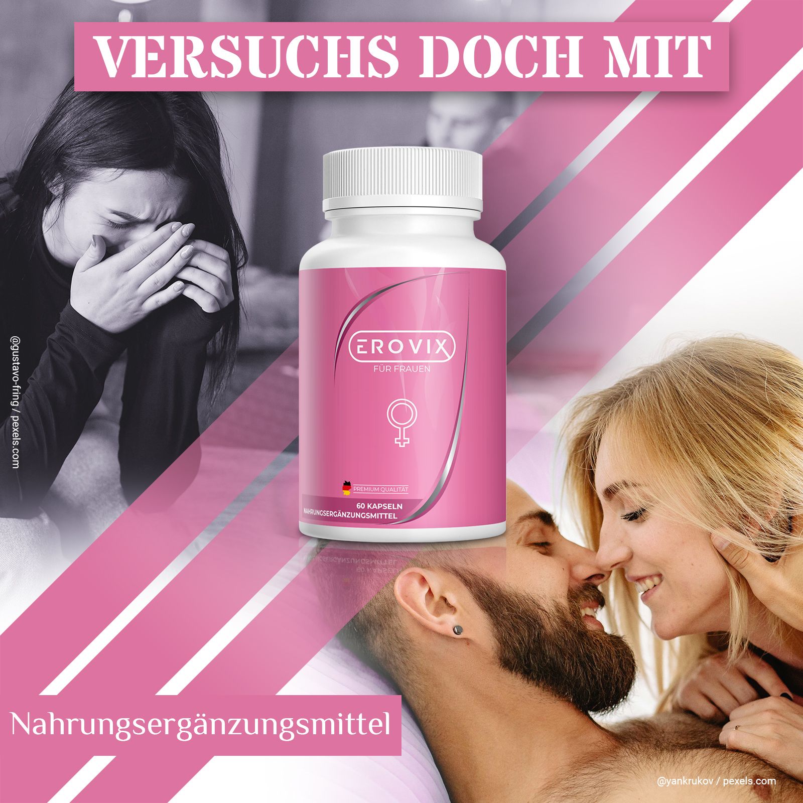 Flacone rosa con tappo bianco. Scritta: Erovix für Frauen. Integratore alimentare. Sfondo: coppie, donna che piange.
