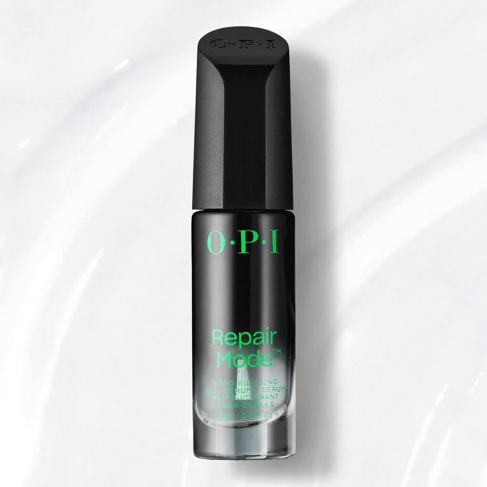 Siero per unghie OPI Repair Mode. Flacone nero con scritta verde. Logo OPI. Base trasparente del flacone.
