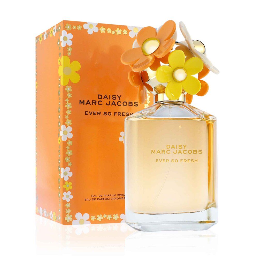 Flacone di profumo e scatola. Flacone con fiori sul tappo. Scritta: Daisy Marc Jacobs Ever so Fresh. Scatola: arancione con fiori.