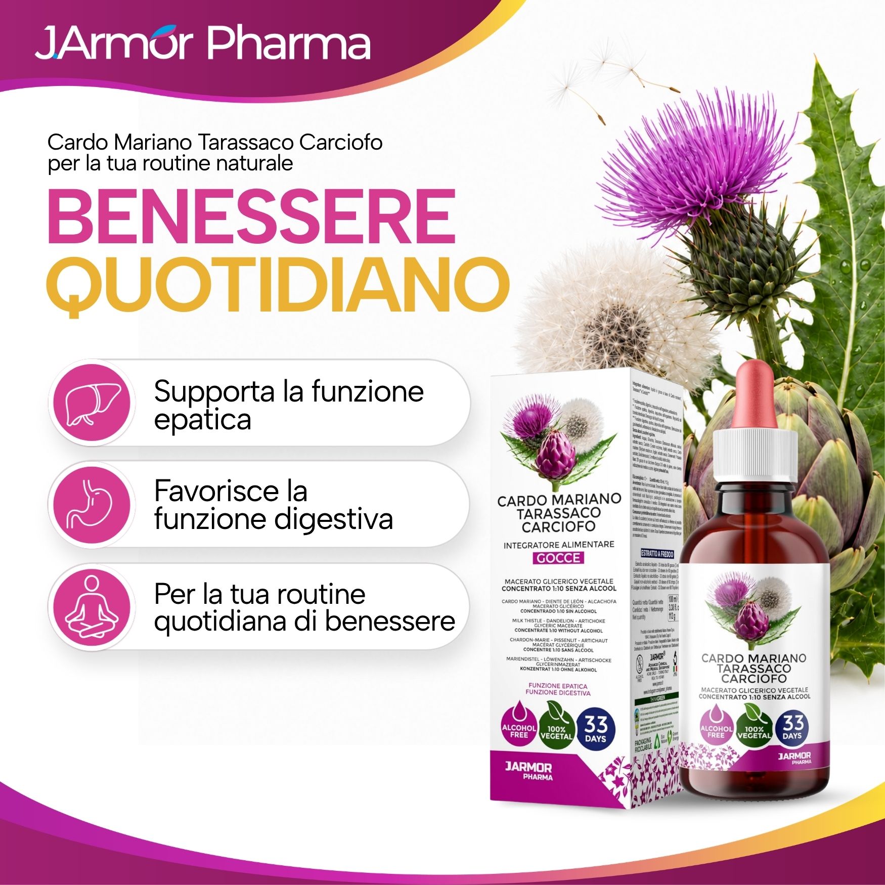 Vantaggi prodotto: Funzione epatica, digestione, benessere quotidiano.