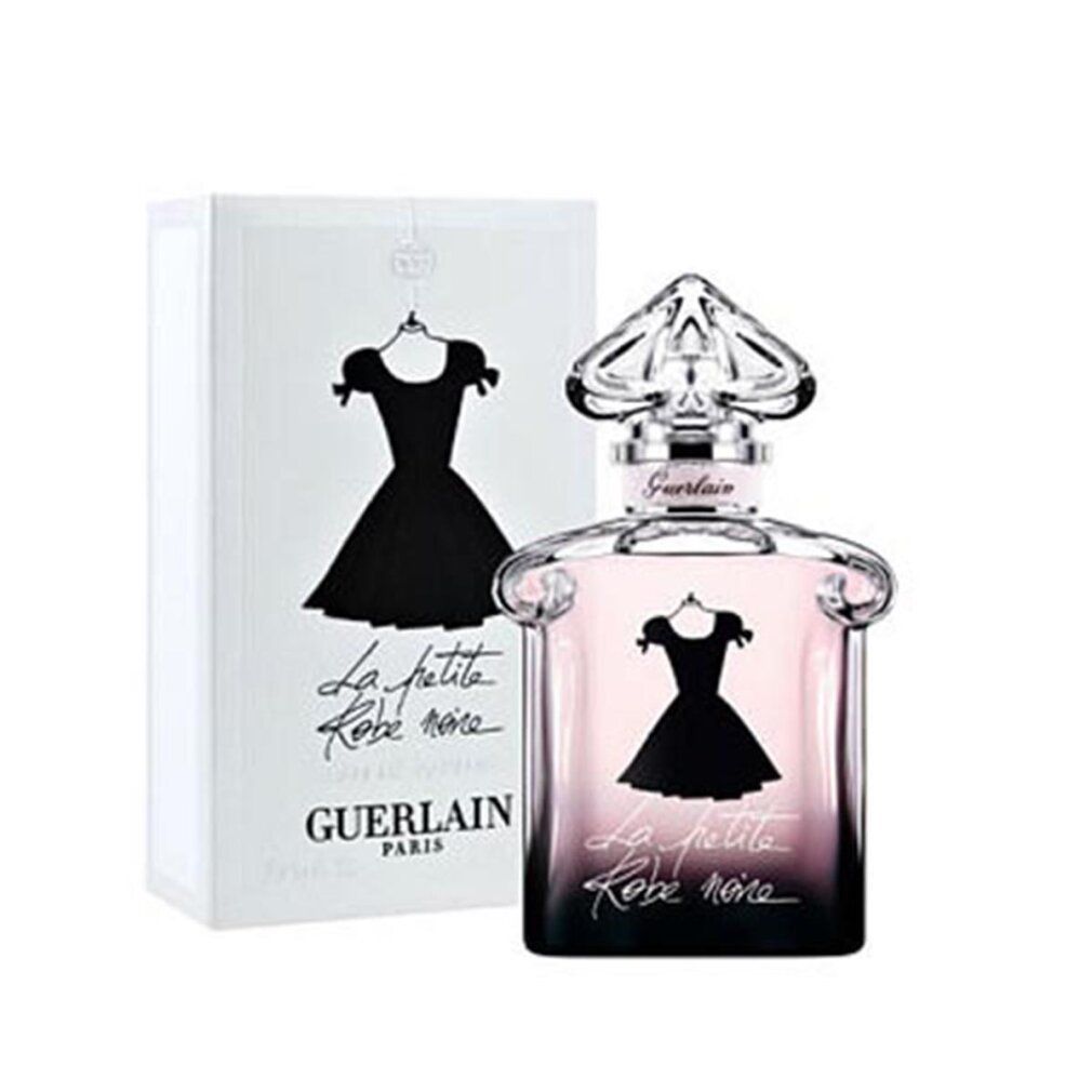 Flacone e confezione. Abito nero su sfondo rosa-nero. Scritta La petite Robe noire. Guerlain Paris.