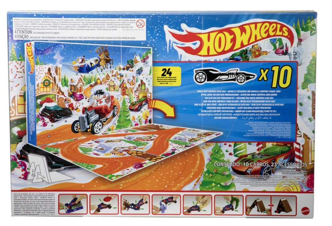 Retro del calendario dell'Avvento. Logo Hot Wheels e illustrazioni di auto. Contiene 10 auto e 23 accessori.