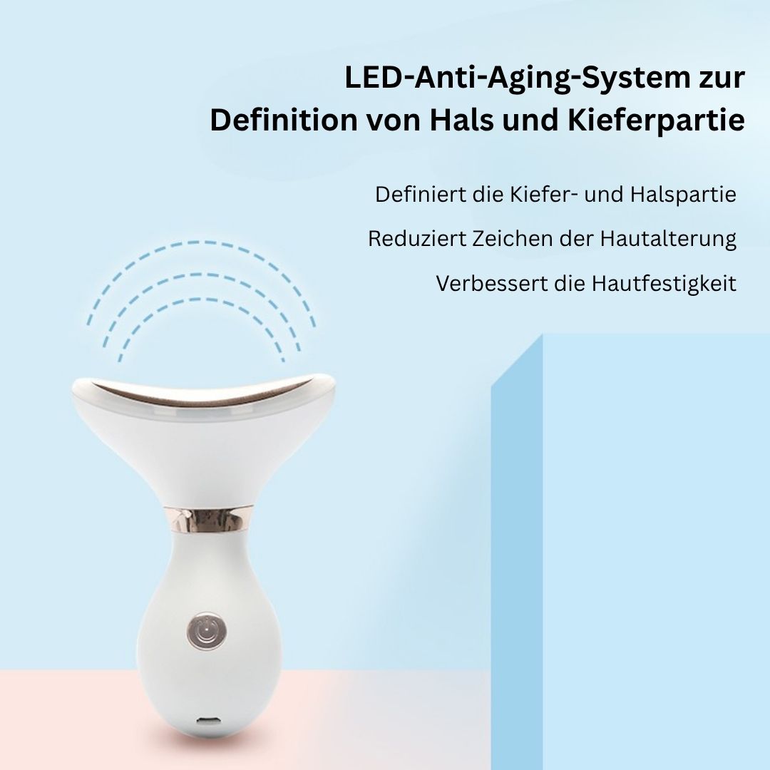 Dispositivo LED bianco per collo e linea mandibolare. Testo: Sistema anti-età LED. Definizione collo e mandibola.